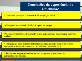 Consultoria de Planejamento - CPLAN
Secretaria de Estado da Administração - SEA
Consultor
Adm. Fabiano Duarte
Conclusões da experiência de
Hawthorne
 