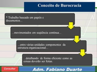 Consultoria de Planejamento - CPLAN
Secretaria de Estado da Administração - SEA
Consultor
Adm. Fabiano Duarte
Conceito de Burocracia
 