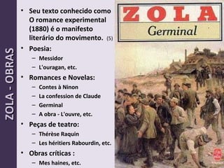 • Seu texto conhecido como
O romance experimental
(1880) é o manifesto
literário do movimento. (5)
• Poesia:
– Messidor
– L'ouragan, etc.
• Romances e Novelas:
– Contes à Ninon
– La confession de Claude
– Germinal
– A obra - L'ouvre, etc.
• Peças de teatro:
– Thérèse Raquin
– Les héritiers Rabourdin, etc.
• Obras críticas :
– Mes haines, etc.
13
ZOLA-OBRASZOLA-OBRAS
 
