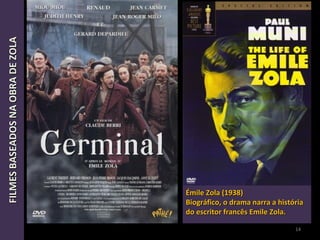 14
FILMESBASEADOSNAOBRADEZOLAFILMESBASEADOSNAOBRADEZOLA
Émile Zola (1938)Émile Zola (1938)
Biográfico, o drama narra a históriaBiográfico, o drama narra a história
do escritor francês Emile Zola.do escritor francês Emile Zola.
 