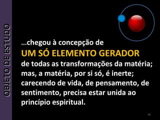 OBJETODEESTUDOOBJETODEESTUDO
......chegou à concepção dechegou à concepção de
UM SÓ ELEMENTO GERADORUM SÓ ELEMENTO GERADOR
de todas as transformações da matéria;de todas as transformações da matéria;
mas, a matéria, por si só, é inerte;mas, a matéria, por si só, é inerte;
carecendo de vida, de pensamento, decarecendo de vida, de pensamento, de
sentimento, precisa estar unida aosentimento, precisa estar unida ao
princípio espiritual.princípio espiritual.
30
 