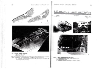 120 Formes urbaines : de l'îlot à la barre
c
Fig. 33. E . May : Siedlung Romerstadt.
a. Découpage des unités.
b. Statut des espaces.
Bien que les bâtiments soient isoles les uns des autres, l'ensemble fonctionne comme un
« tissu » traditionnel, marquant nettement des différences et des oppositions.
c. Le « rempart » bastionné en bordure de la vallée répond à l'enceinte de la ville
ancienne (photo de maquette).
Le nouveau Francfort et Ernest May 1925-1930 121
Fig. 34. E . May : Siedlung romerstadt, les rangées.
a. Coupes schématiques sur les rangées de maisonnettes.
b-c. Opposition des faces.
cl. Le rempart bastionné qui marque la limite du Siedlung.
 