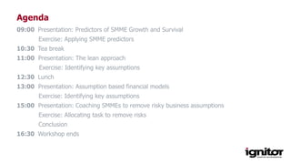 Agenda
09:00 Presentation: Predictors of SMME Growth and Survival
Exercise: Applying SMME predictors
10:30 Tea break
11:00 Presentation: The lean approach
Exercise: Identifying key assumptions
12:30 Lunch
13:00 Presentation: Assumption based financial models
Exercise: Identifying key assumptions
15:00 Presentation: Coaching SMMEs to remove risky business assumptions
Exercise: Allocating task to remove risks
Conclusion
16:30 Workshop ends
 