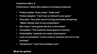  Product quality “looks cheap” “badly mad”
 Product adaption “I don’t see an interest in your game”
 Poor pitch “Your pitch was far to long and totally uninspiring”
“Made a bloody hash of your presentation”
 Not unique “many games like this on the market”
 Competition “The market for board games is heaving”
 Protectability “anybody can create a board game”
 Lack of commitment “I never invest in someone who isn’t in the
business”
 Entrepreneur “I won’t be investing in you”
Must be games
Investment offers: 0
Performance: Failure (No evidence of company existence)
 