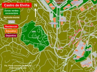 Castro de Elviña
Zonas verdes-
excavacións
Agrícola-monte
Viais
Residencial
Educativo
Deportivo
Fte. Plano concello da Coruña
Elaboración propia
N
 