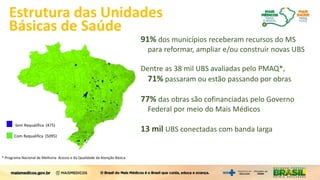 Estrutura das Unidades
Básicas de Saúde
91% dos municípios receberam recursos do MS
para reformar, ampliar e/ou construir novas UBS
Dentre as 38 mil UBS avaliadas pelo PMAQ*,
71% passaram ou estão passando por obras
77% das obras são cofinanciadas pelo Governo
Federal por meio do Mais Médicos
13 mil UBS conectadas com banda larga
Sem Requalifica (475)
Com Requalifica (5095)
* Programa Nacional de Melhoria Acesso e da Qualidade da Atenção Básica
 