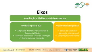 Formação para o SUS
 Ampliação da Oferta na Graduação e
Residência Médica
 Mudança no Eixo dos Locais de Formação
 Reorientação da Formação
Ampliação e Melhoria da Infraestrutura
Provimento Emergencial
 Editais de Chamadas
Nacional e Internacional
 Cooperação internacional
Mais Médicos para o Brasil
Eixos
 