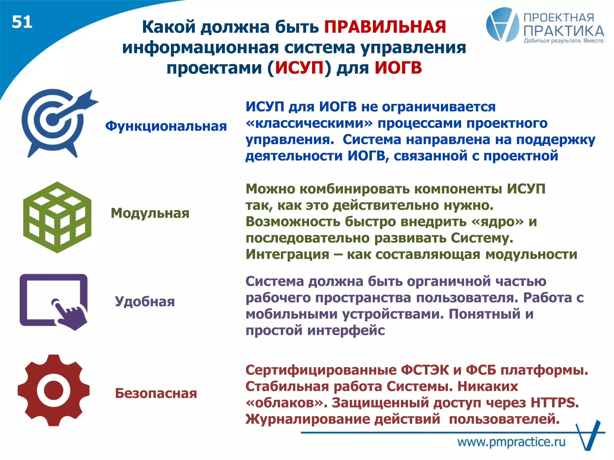 Какой должна быть ПРАВИЛЬНАЯ
информационная система управления
проектами (ИСУП) для ИОГВ
Удобная
Функциональная
Модульная
Безопасная
ИСУП для ИОГВ не ограничивается
«классическими» процессами проектного
управления. Система направлена на поддержку
деятельности ИОГВ, связанной с проектной
Можно комбинировать компоненты ИСУП
так, как это действительно нужно.
Возможность быстро внедрить «ядро» и
последовательно развивать Систему.
Интеграция – как составляющая модульности
Система должна быть органичной частью
рабочего пространства пользователя. Работа с
мобильными устройствами. Понятный и
простой интерфейс
Сертифицированные ФСТЭК и ФСБ платформы.
Стабильная работа Системы. Никаких
«облаков». Защищенный доступ через HTTPS.
Журналирование действий пользователей.
51
 