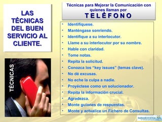 27
LASLAS
TÉCNICASTÉCNICAS
DEL BUENDEL BUEN
SERVICIO ALSERVICIO AL
CLIENTE.CLIENTE.
LASLAS
TÉCNICASTÉCNICAS
DEL BUENDEL BUEN
SERVICIO ALSERVICIO AL
CLIENTE.CLIENTE.
• Identifíquese.
• Manténgase sonriendo.
• Identifique a su interlocutor.
• Llame a su interlocutor por su nombre.
• Hable con claridad.
• Tome notas.
• Repita la solicitud.
• Conozca los “key issues” (temas clave).
• No dé excusas.
• No eche la culpa a nadie.
• Proyéctese como un solucionador.
• Repita la información crucial.
• Agradezca.
• Monte guiones de respuestas.
• Monte y actualice un Fichero de Consultas.
Técnicas para Mejorar la Comunicación con
quienes llaman por
T E L É F O N OT E L É F O N O
TÉCNICAS
 