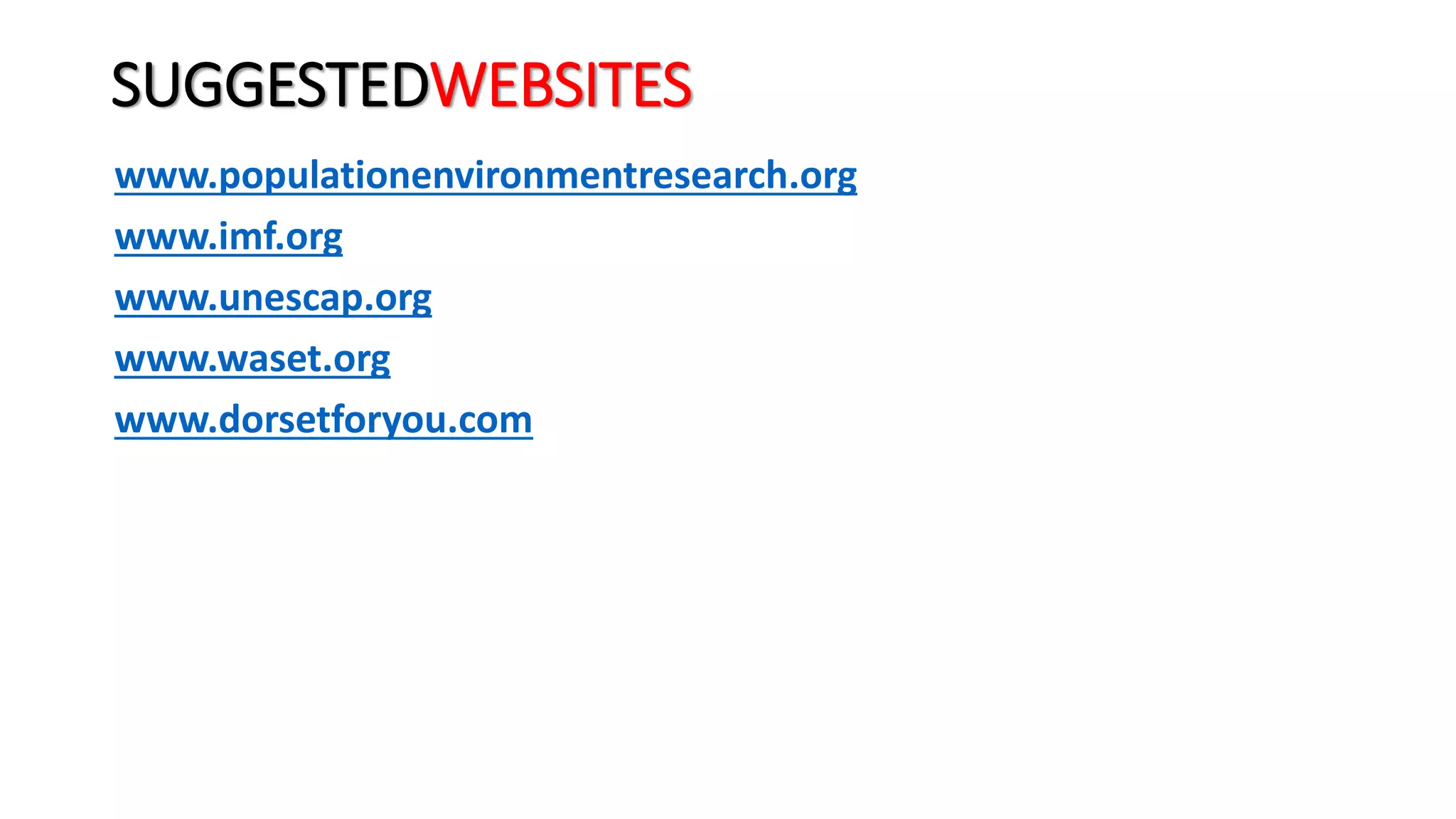 SUGGESTEDWEBSITES
www.populationenvironmentresearch.org
www.imf.org
www.unescap.org
www.waset.org
www.dorsetforyou.com
 