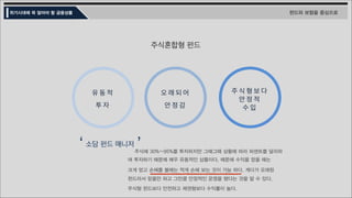 위기시대에 꼭 알아야 할 금융상품 펀드와 보험을 중심으로
한국밸류 /10년투자증권투자신탁 / 1호 / 주식 / C
삼성 / 중소형FOCUS / 1호 / 주식 / C1
신영 / 마라톤증권투자신탁 / 주식 / A
1. 펀드 이름 제대로 알기
자산운용사 / 투자전략 / 시리즈번호 / 투자대상 / 수수료체계
 10년투자는 10년이상 장기투자
 중소형FOCUS는 중소형주에 중점적인 투자
 마라톤은 가치주에 중점을 두고 투자
어느 방식으로 투자 할지 자세한 전략을 알기
위해선 펀드 투자설명서 꼭 읽기!
 