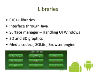 Libraries
• C/C++ libraries
• Interface through Java
• Surface manager – Handling UI Windows
• 2D and 3D graphics
• Media codecs, SQLite, Browser engine
 