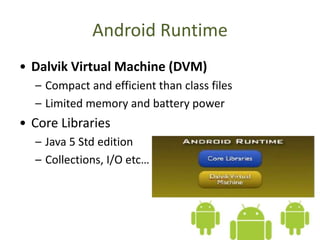 Android Runtime
• Dalvik Virtual Machine (DVM)
– Compact and efficient than class files
– Limited memory and battery power
• Core Libraries
– Java 5 Std edition
– Collections, I/O etc…
 