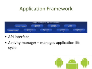 Application Framework
• API interface
• Activity manager – manages application life
cycle.
 