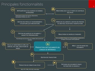5
Principales fonctionnalités
WORFLOW COLLABORATIF, GESTION DES PROCESS
DE CRÉATION, VALIDATION ET MODIFICATIONS
GESTION DES MODÈLES DE DOCUMENTS /
MAQUETTES PERSONNALISÉES
DIFFUSION DES DOCUMENTS FINAUX
AUTOMATISÉE OU MANUELLE
GESTION DES PROFILS ET ENVIRONNEMENTS
UTILISATEURS (LECTURE/ÉCRITURE)
MISE À JOUR EN MASSE DES
DOCUMENTS
MONITORING DES FLUX ET POINTS DE CONTRÔLES
MULTIPLES
PRODUCTION EN FORMATS MULTIPLES
CALCUL ET MONITORING DU SRRI, SCR
MARCHÉ, OCR, PERF, INDICATEURS DE
RISQUE
BIBLIOTHÈQUE DE MODÈLES STANDARDS
GESTION DES TRADUCTIONS
PRODUCTION DES DOCUMENTS EN
LANGUE DE RÉFÉRENCE
MYFUNDSTORE ET/OU SOURCES DE DONNÉES
HÉTÉROGÈNES
(référentiels produits, flux externes, dépositaires,
valorisateurs, fichiers csv, xml…)
Avec possibilité d’intégrer une charte graphique rapidement ou
d’intégrer votre propre charte graphique
Paramétrage des documents sur modèles (best practice du
marché)
XML, RTF, HTML, PDF (HD), meta-datas
 