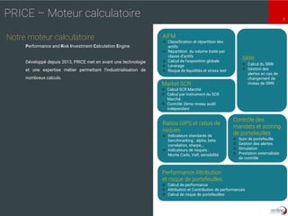 7
PRICE – Moteur calculatoire
Performance and Risk Investment Calculation Engine
Développé depuis 2013, PRICE met en avant une technologie
et une expertise métier permettant l’industrialisation de
nombreux calculs.
Ratios GIPS et ratios de
risques
Indicateurs standards de
benchmarking : alpha, beta
correlation, sharpe,…
Indicateurs de risques :
Monte Carlo, VaR, sensibilité
Contrôle des
mandats et scoring
de portefeuilles
Suivi de portefeuille
Gestion des alertes
Simulation
Prestation externalisée
de contrôle
Performance Attribution
et risque de portefeuilles
Calcul de performance
Attribution et Contribution de performances
Calcul de risque de portefeuilles
AIFM
Classification et répartition des
actifs
Répartition du volume traité par
classe d’actifs
Calcul de l’exposition globale
Leverage
Risque de liquidités et stress test
Market SCR
Calcul SCR Marché
Calcul par instrument du SCR
Marché
Contrôle 2ème niveau audit
indépendant
SRRI
Calcul du SRRI
Gestion des
alertes en cas de
changement de
niveau de SRRI
Notre moteur calculatoire
 