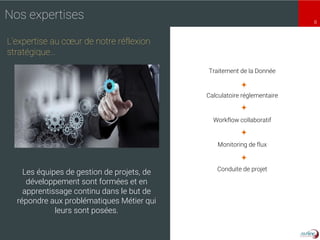 8
Traitement de la Donnée
Calculatoire réglementaire
Workflow collaboratif
Monitoring de flux
Conduite de projet




Les équipes de gestion de projets, de
développement sont formées et en
apprentissage continu dans le but de
répondre aux problématiques Métier qui
leurs sont posées.
Nos expertises
L’expertise au cœur de notre réflexion
stratégique…
 