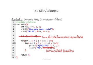 ลองเขียนโปรแกรม
ตัวอย่างที่ 1 Dynamic Array (การจองและการใช้งาน)
อ. กิตตินันท์ น้1อยมณี 25
Error ที่บรรทัดนี้เพราะประกาศแบบนี้ไม่ได้
รับค่าแบบนี้ไม่ได้ ต้องแก้ด้วย
 