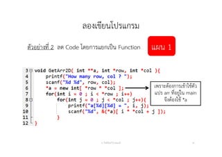 ลองเขียนโปรแกรม
ตัวอย่างที่ 2 ลด Code โดยการแยกเป็น Function
อ. กิตตินันท์ น้1อยมณี 30
แผน 1
เพราะต้องการเข้าใช้ตัว
แปร arr ที่อยู่ใน main
จึงต้องใช้ *a
 