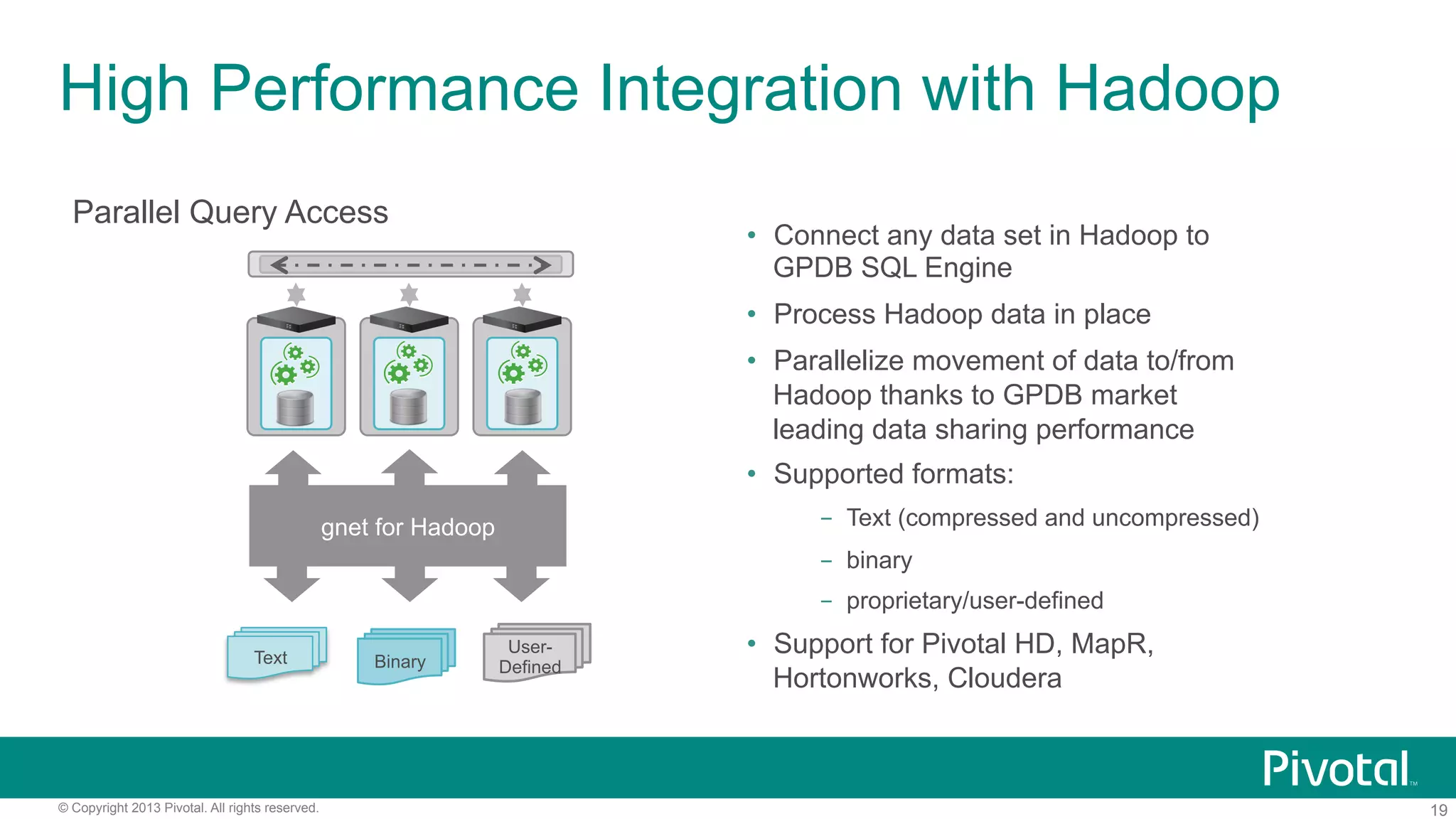 19© Copyright 2013 Pivotal. All rights reserved.
High Performance Integration with Hadoop
Text Binary
User-
Defined
gnet for Hadoop
Parallel Query Access
•  Connect any data set in Hadoop to
GPDB SQL Engine
•  Process Hadoop data in place
•  Parallelize movement of data to/from
Hadoop thanks to GPDB market
leading data sharing performance
•  Supported formats:
-  Text (compressed and uncompressed)
-  binary
-  proprietary/user-defined
•  Support for Pivotal HD, MapR,
Hortonworks, Cloudera
 
