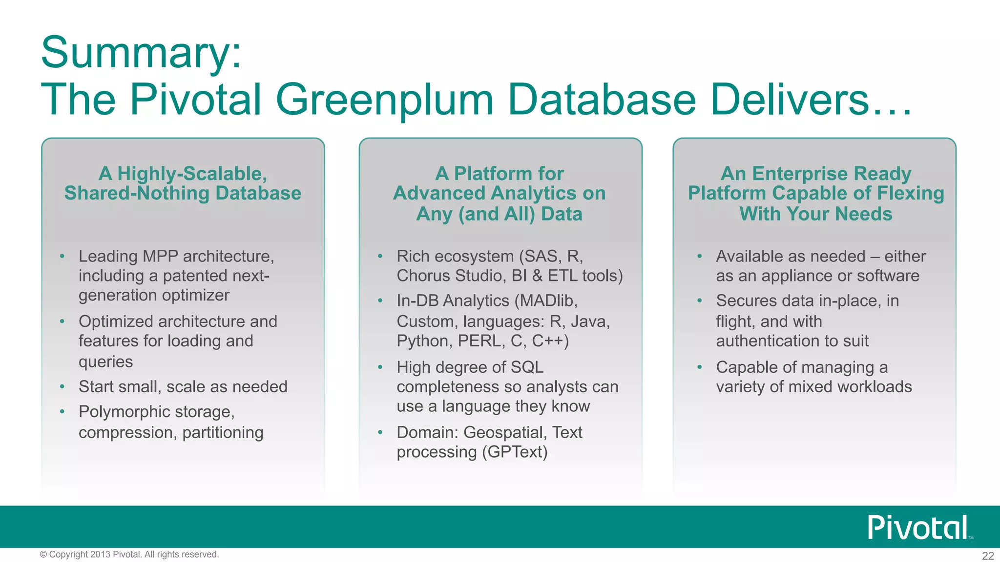 22© Copyright 2013 Pivotal. All rights reserved.
Summary:
The Pivotal Greenplum Database Delivers…
A Highly-Scalable,
Shared-Nothing Database
•  Leading MPP architecture,
including a patented next-
generation optimizer
•  Optimized architecture and
features for loading and
queries
•  Start small, scale as needed
•  Polymorphic storage,
compression, partitioning
A Platform for
Advanced Analytics on
Any (and All) Data
•  Rich ecosystem (SAS, R,
Chorus Studio, BI & ETL tools)
•  In-DB Analytics (MADlib,
Custom, languages: R, Java,
Python, PERL, C, C++)
•  High degree of SQL
completeness so analysts can
use a language they know
•  Domain: Geospatial, Text
processing (GPText)
An Enterprise Ready
Platform Capable of Flexing
With Your Needs
•  Available as needed – either
as an appliance or software
•  Secures data in-place, in
flight, and with
authentication to suit
•  Capable of managing a
variety of mixed workloads
 