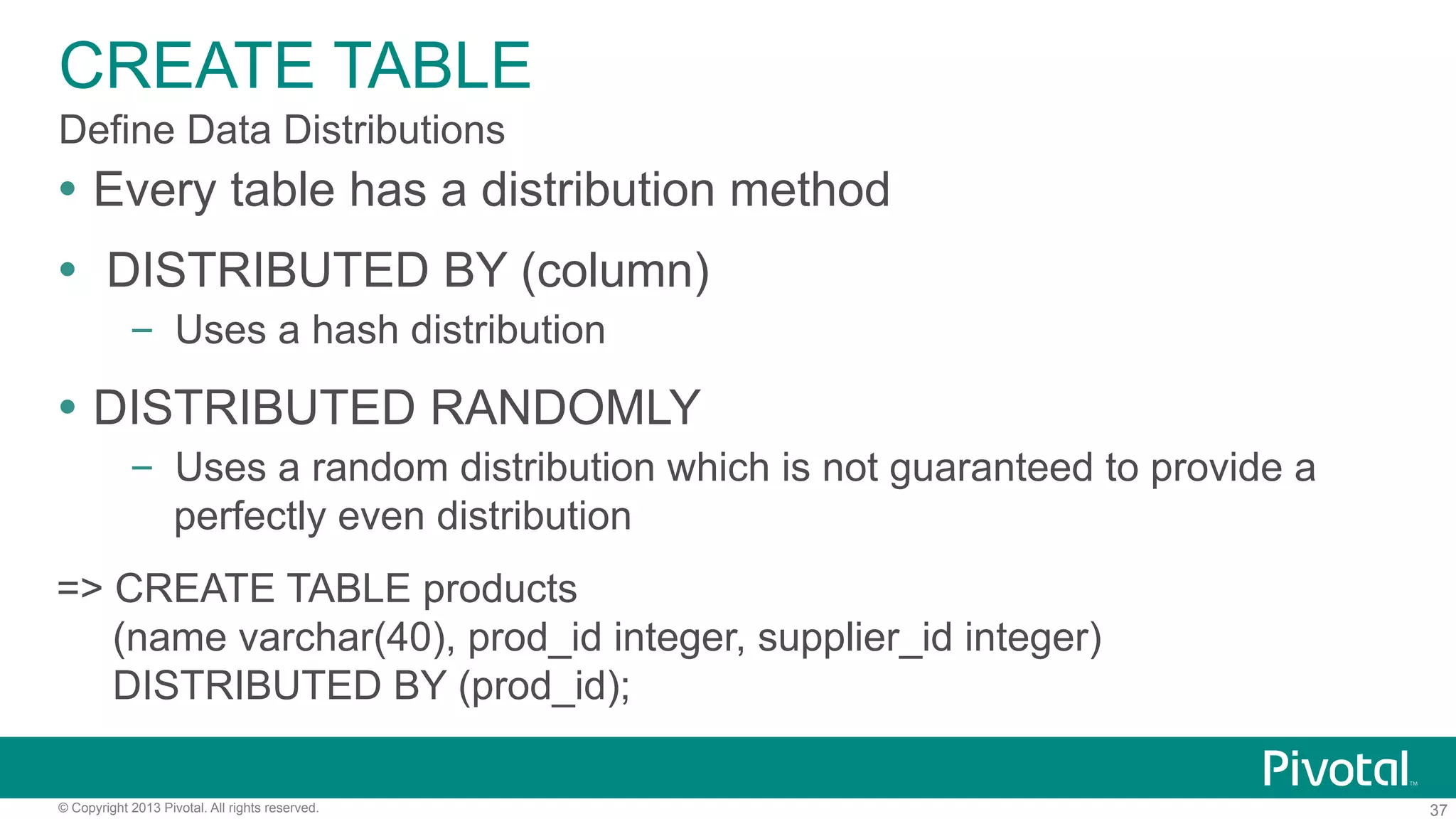 37© Copyright 2013 Pivotal. All rights reserved.
CREATE TABLE
Ÿ  Every table has a distribution method
Ÿ  DISTRIBUTED BY (column)
–  Uses a hash distribution
Ÿ  DISTRIBUTED RANDOMLY
–  Uses a random distribution which is not guaranteed to provide a
perfectly even distribution
=> CREATE TABLE products
(name varchar(40), prod_id integer, supplier_id integer)
DISTRIBUTED BY (prod_id);
Define Data Distributions
 