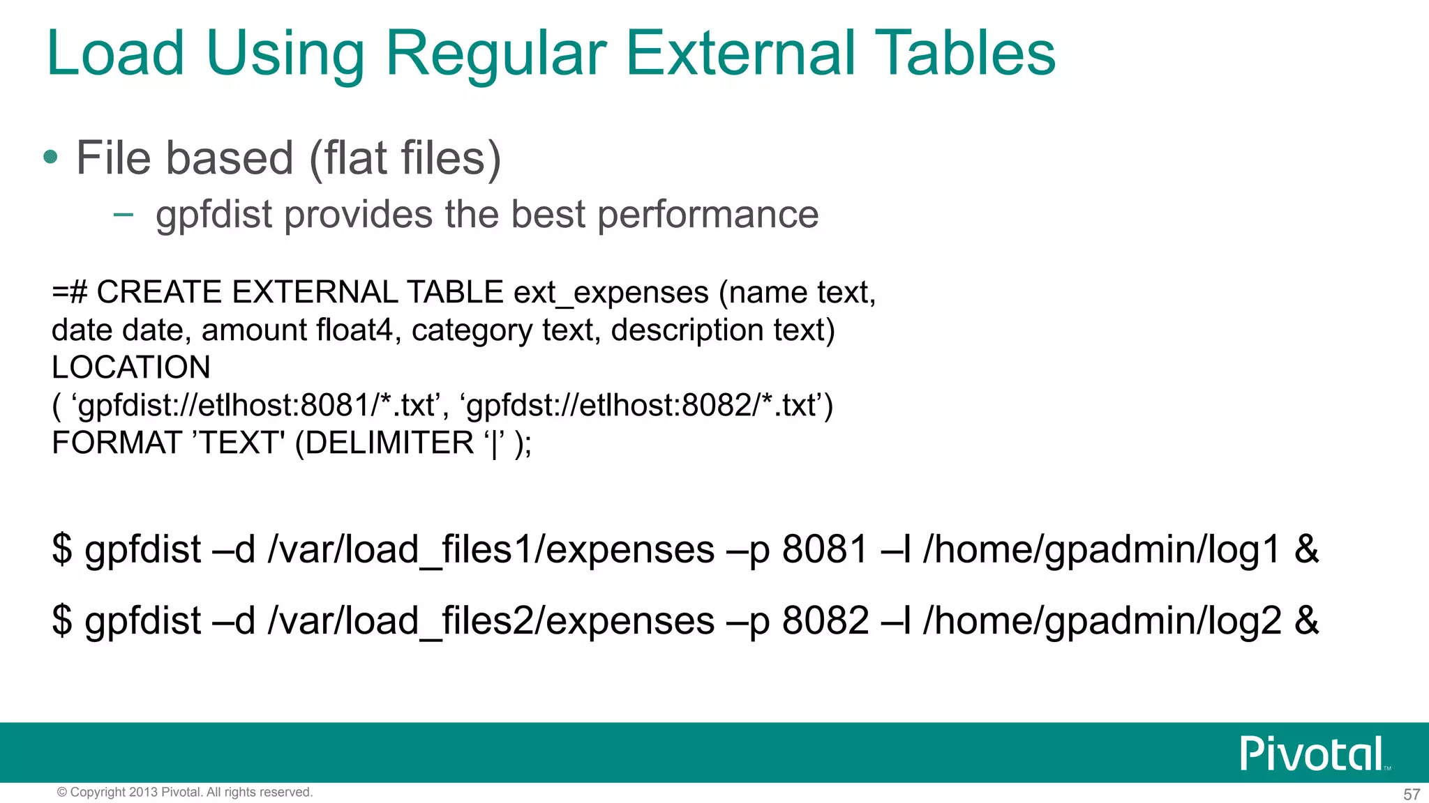 57© Copyright 2013 Pivotal. All rights reserved.
Load Using Regular External Tables
Ÿ  File based (flat files)
–  gpfdist provides the best performance
=# CREATE EXTERNAL TABLE ext_expenses (name text,
date date, amount float4, category text, description text)
LOCATION
( ‘gpfdist://etlhost:8081/*.txt’, ‘gpfdst://etlhost:8082/*.txt’)
FORMAT ’TEXT' (DELIMITER ‘|’ );
$ gpfdist –d /var/load_files1/expenses –p 8081 –l /home/gpadmin/log1 &
$ gpfdist –d /var/load_files2/expenses –p 8082 –l /home/gpadmin/log2 &
 