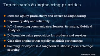 © 2015 Information Services Group, Inc. All Rights Reserved 7
Top research & engineering priorities
 Increase agility, productivity and Return on Engineering
 Improve quality and reliability
 IoT - Everything communicates: Sensors, Actuators, Mobile &
Analytics
 Differentiate value proposition for products and services
 Globalize engineering; rapidly establish partnerships
 Sourcing for expertise & long term relationships vs. arbitrage
sourcing
 