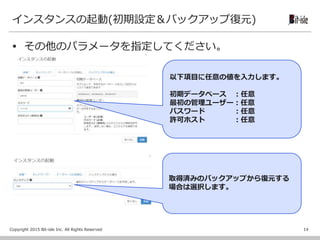 Copyright 2015 Bit-isle Inc. All Rights Reserved
インスタンスの起動(初期設定＆バックアップ復元)
 その他のパラメータを指定してください。
14
以下項目に任意の値を入力します。
初期データベース ：任意
最初の管理ユーザー：任意
パスワード ：任意
許可ホスト ：任意
取得済みのバックアップから復元する
場合は選択します。
 