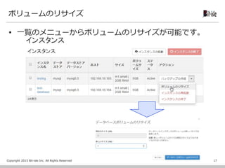 Copyright 2015 Bit-isle Inc. All Rights Reserved
ボリュームのリサイズ
 一覧のメニューからボリュームのリサイズが可能です。
17
 