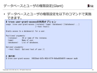 Copyright 2015 Bit-isle Inc. All Rights Reserved
データベースとユーザの権限設定(Glant)
 データベースとユーザの権限設定を以下のコマンドで実施
できます。
25
# trove user-grant-accessの利用オプション
usage: trove user-grant-access <instance> <name> <databases> [<databases> ...]
[--host <host>]
Grants access to a database(s) for a user.
Positional arguments:
<instance> ID or name of the instance.
<name> Name of user.
<databases> List of databases.
Optional arguments:
--host <host> Optional host of user.>]
# (実行例)
$ trove user-grant-access 16833bab-5d7b-462d-8774-9b8ad926d6f9 newuser mydb
 
