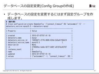 Copyright 2015 Bit-isle Inc. All Rights Reserved
データベースの設定変更(Config Groupの作成)
 データベースの設定を変更するにはまず設定グループを作
成します。
27
# (実行例)
$ trove configuration-create DemoConfig '{"connect_timeout":30,"autocommit":1}' --
datastore_version mysql5.5 --datastore mysql
+------------------------+------------------------------------------+
| Property | Value |
+------------------------+------------------------------------------+
| created | 2015-07-07T07:41:18 |
| datastore_name | mysql |
| datastore_version_id | f4439df1-2776-4669-824d-2d3a41f86d19 |
| datastore_version_name | mysql5.5 |
| description | None |
| id | 279842bc-ba9a-4277-b86f-e6187dc43767 |
| instance_count | 0 |
| name | DemoConfig |
| updated | 2015-07-07T07:41:18 |
| values | {"autocommit": 1, "connect_timeout": 30} |
+------------------------+------------------------------------------+
 