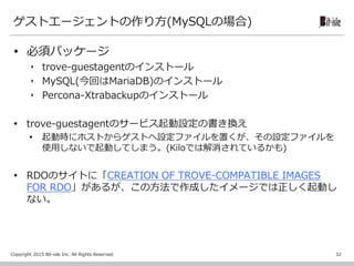Copyright 2015 Bit-isle Inc. All Rights Reserved
ゲストエージェントの作り方(MySQLの場合)
 必須パッケージ
‣ trove-guestagentのインストール
‣ MySQL(今回はMariaDB)のインストール
‣ Percona-Xtrabackupのインストール
 trove-guestagentのサービス起動設定の書き換え
 起動時にホストからゲストへ設定ファイルを置くが、その設定ファイルを
使用しないで起動してしまう。(Kiloでは解消されているかも)
 RDOのサイトに「CREATION OF TROVE-COMPATIBLE IMAGES
FOR RDO」があるが、この方法で作成したイメージでは正しく起動し
ない。
32
 
