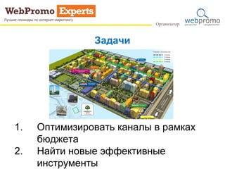 Задачи
1. Оптимизировать каналы в рамках
бюджета
2. Найти новые эффективные
инструменты
 