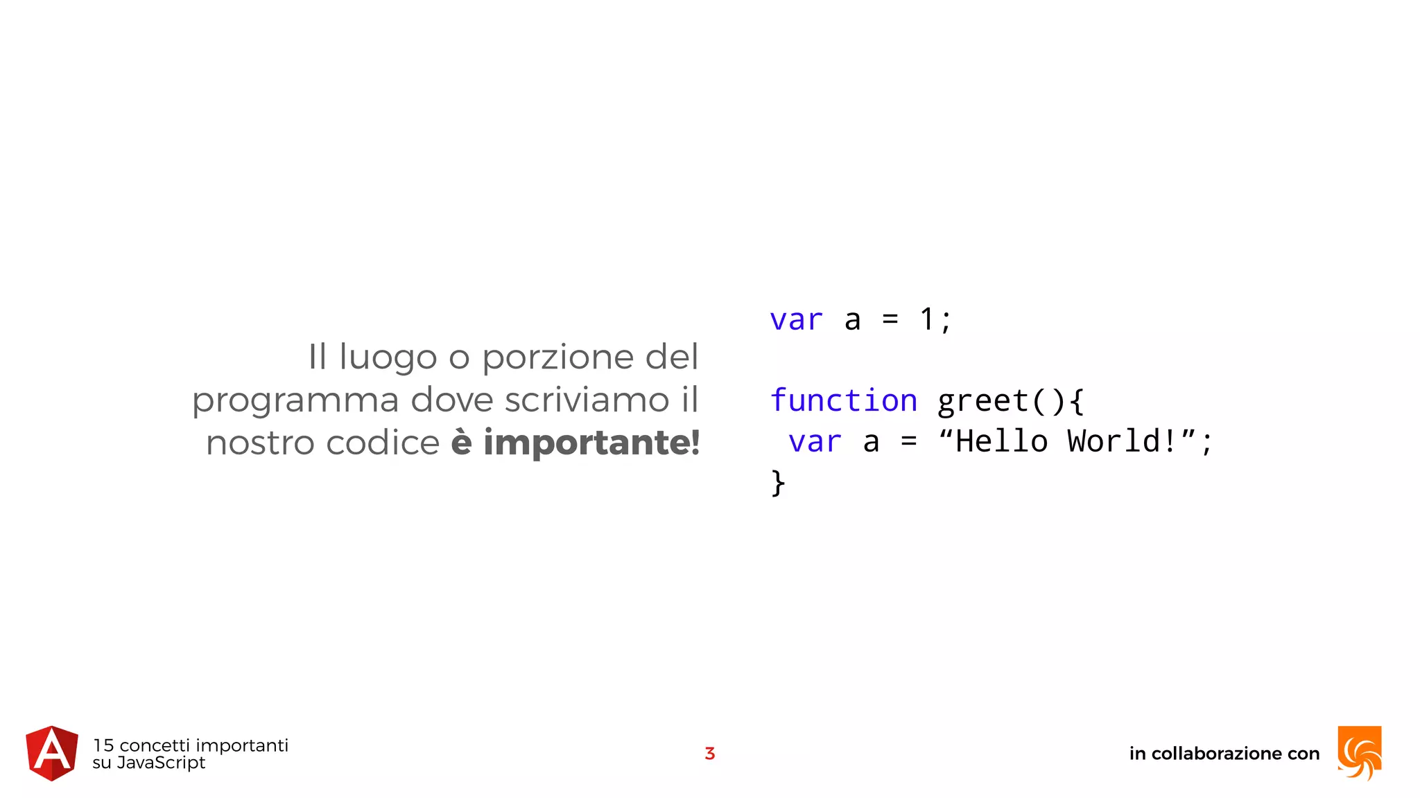 in collaborazione con15 concetti importanti 
su JavaScript
Il luogo o porzione del
programma dove scriviamo il
nostro codice è importante!
3
var a = 1;
function greet(){
var a = “Hello World!”;
}
 