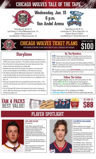CHICAGO WOLVES TALE OF THE TAPE
Wednesday, Jan. 15
6 p.m.
Van Andel Arena
Team Record: 25-10-1-2
Last Game: 4-1 W vs. Iowa (Jan. 11)
Season Series: 3-3-0-0
Last Meeting: 3-1 Home Win (Jan. 3)

Team Record: 20-13-1-2
Last Game: 2-1 W at Milwaukee (Jan. 11)
Season Series: 3-3-0-0
Last Meeting: 1-3 Road Loss (Jan. 3)

Storylines
•	 Tonight marks the seventh of 10 meetings between the Wolves and
	 Griffins this season and their 111th all-time regular-season matchup.
•	 Ten of the last 14 contests between the clubs dating back to last
season have been decided by a single tally.
• 	Tonight’s tilt marks the third of eight road games, and second of
three in Grand Rapids, for the Wolves in the month of January.
•	 The Wolves defeated the Milwaukee Admirals 2-1 Saturday night
at the Bradley Center for their third straight win; the team has won
eight of its last 10 tilts (8-1-1-0) and has lost once in regulation since
Dec. 15.
•	 Chicago has gained 35 out of a possible 52 points since Nov. 1; the
club sits with 43 points and a 20-13-1-2 record through 36 games this
season.
• 	Ten of Chicago’s 20 victories this season have come on enemy ice
and its .605 road winning percentage is the third-best in the Western
Conference (10-6-1-2).

By The Numbers

2.42- Goals-against average for Chicago on the road this year,
which ranks second in the AHL; only Albany (2.41) has given up
fewer goals per game on the road than the Wolves.

	

101- Number of second-period goals the Wolves (48) and Griffins

	

11- Number of points center KEITH AUCOIN has scored in his last

(53)have combined for this season; both teams have allowed only 28
middle-frame markers this year.
nine games after missing nine games due to injury.

Follow The Action

Tonight’s game begins at 6 p.m. and can be seen on The
U-Too (WCIU-DT 26.2). U-Too also can be found on
	 XFinity’s Chs. 248 and 360, RCN’s Ch. 35 and WOW’s Ch.
170. The game can also be streamed on www.ahllive.com.
Those away from a TV or computer can follow
@Chicago_Wolves on Twitter for live in-game play-by-play.

PLAYER SPOTLIGHT
#35 JAKE ALLEN

#15 MITCH CALLAHAN

Jake Allen stopped 25 of 26
shots on Saturday to extend his
personal win streak to five
games, which matches a
career-high; he has posted a
1.40 goals-against average and
.943 save percentage during that
span.

Mitch Callahan has bagged
two goals and three points in his
last three tilts.

Goaltender

The 23-year-old was named to
his second AHL All-Star team on
Jan. 9.
Allen has posted a 2-0-0 mark
and a 2.01 goals-against
average against Grand Rapids
this year.

Right wing

The 22-year-old forward paces
Grand Rapids with 15 markers
and shares fourth on the club
with 21 points while appearing
in all 38 games this year.
The Whittier, Calf., native has
not scored a point in six tries
against Chicago this year. He is
one of two players who has
played in all six games against
the Wolves and not scored.

 