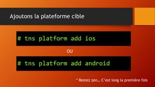 Ajoutons la plateforme cible
# tns platform add ios
* Restez zen… C’est long la première fois
# tns platform add android
OU
 