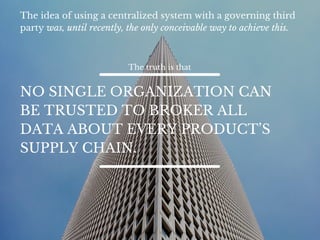 When a factory collapses, we should
know exactly what was made there.
Was your shirt?
You should know.
Despite various efforts, full “chains of custody” that
tell the stories of products remain largely
rudimentary and difficult to verify.
https://hbr.org/2013/05/preventing­another­bangladesh
 