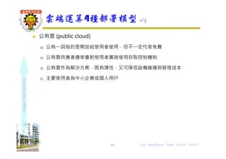 shapethefuture
 公有雲 (public cloud)
 公有⼀詞指的是開放給使用者使用，但不⼀定代表免費
 公有雲供應者通常會對使用者實施使用存取控制機制
 公有雲作為解決⽅案，既有彈性，又可降低設備維運與管理成本
 主要使用者為中小企業或個人用戶
雲端運算4種部署模型 1/5
19 Wu, ShyiShiou Dept. of E.E., NKUT
 