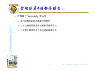 shapethefuture
 社群雲 (community cloud)
 由利益相仿的組統織掌控及使用
 社群成員共同使用雲端資料及應用程式
 社群雲主要使用者大多以學術機構為主
雲端運算4種部署模型 3/5
21 Wu, ShyiShiou Dept. of E.E., NKUT
 