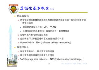 shapethefuture
 網路虛擬化
 將多個硬體或軟體網路資源及相關的網路功能整合到⼀個可用軟體中統
⼀控管的過程
 傳統網路虛擬化技術：VPN、VLAN
 主機內部的網路虛擬化：虛擬網路卡、虛擬橋接器
 在任何地⽅都可存取虛擬機器
 虛擬機器可以移動⾄任何區域機房 (使用公有雲)
 Open vSwitch、SDN (software defined networking)
 儲存虛擬化
 儲存資源集中化，整合異質儲存設備
 提升現有儲存設備的可用度及使用率
 SAN (storage area network)、 NAS (network-attached storage)
虛擬化基本概念 2/3
25 Wu, ShyiShiou Dept. of E.E., NKUT
 