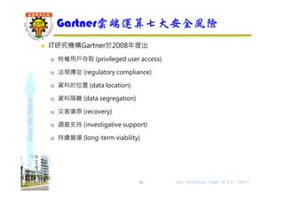 shapethefuture
 IT研究機構Gartner於2008年提出
 特權用戶存取 (privileged user access)
 法規遵從 (regulatory compliance)
 資料的位置 (data location)
 資料隔離 (data segregation)
 災害復原 (recovery)
 調查支持 (investigative support)
 持續營運 (long-term viability)
Gartner雲端運算七大安全風險
35 Wu, ShyiShiou Dept. of E.E., NKUT
 