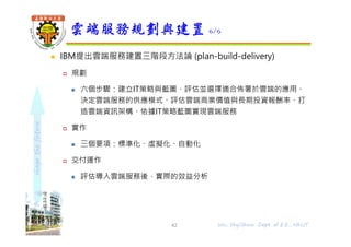 shapethefuture
 IBM提出雲端服務建置三階段⽅法論 (plan-build-delivery)
 規劃
 六個步驟：建立IT策略與藍圖、評估並選擇適合佈署於雲端的應用、
決定雲端服務的供應模式、評估雲端商業價值與⻑期投資報酬率、打
造雲端資訊架構、依據IT策略藍圖實現雲端服務
 實作
 三個要項：標準化、虛擬化、自動化
 交付運作
 評估導入雲端服務後，實際的效益分析
雲端服務規劃與建置 6/6
42 Wu, ShyiShiou Dept. of E.E., NKUT
 