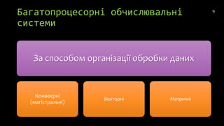 Багатопроцесорні обчислювальні
системи
За способом організації обробки даних
Конвеєрні
(магістральні)
Векторні Матричні
9
 