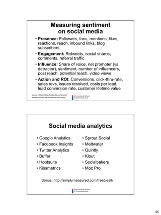 45
Measuring sentiment
on social media
• Presence: Followers, fans, mentions, likes,
reactions, reach, inbound links, blog
subscribers
• Engagement: Retweets, social shares,
comments, referral traffic
• Influence: Share of voice, net promoter (vs
detractor), sentiment, number of influencers,
post reach, potential reach, video views
• Action and ROI: Conversions, click-thru-rate,
sales revs, issues resolved, costs per lead,
lead conversion rate, customer lifetime value
Source: https://blog.hootsuite.com/social-
media-kpis-key-performance-indicators/
Social media analytics
• Google Analytics
• Facebook Insights
• Twitter Analytics
• Buffer
• Hootsuite
• Kissmetrics
• Sprout Social
• Meltwater
• Quintly
• Klout
• Socialbakers
• Moz Pro
Bonus: http://simplymeasured.com/freebies#/
 