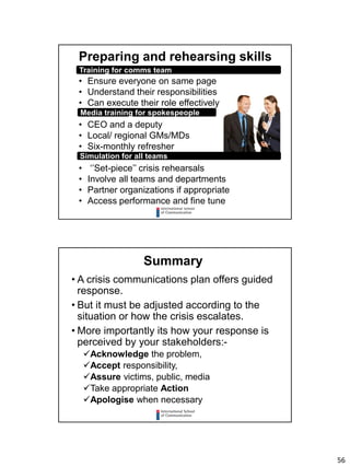 56
Preparing and rehearsing skills
• Ensure everyone on same page
• Understand their responsibilities
• Can execute their role effectively
• CEO and a deputy
• Local/ regional GMs/MDs
• Six-monthly refresher
• ‘’Set-piece’’ crisis rehearsals
• Involve all teams and departments
• Partner organizations if appropriate
• Access performance and fine tune
Training for comms team
Media training for spokespeople
Simulation for all teams
• A crisis communications plan offers guided
response.
• But it must be adjusted according to the
situation or how the crisis escalates.
• More importantly its how your response is
perceived by your stakeholders:-
Acknowledge the problem,
Accept responsibility,
Assure victims, public, media
Take appropriate Action
Apologise when necessary
Summary
 