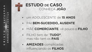 ESTUDO DE CASO
CONHEÇA JOÃO
§  um ADOLESCENTE de 15 ANOS
§  PAI BEM-SUCEDIDO, AUSENTE
§  MÃE COMERCIANTE, vê pouco o FILHO
§  FILHO tem de “TUDO”,
§  AMIZADES complicadas
mas não tem os PAIS
inﬂuenciando os FILHOS
 