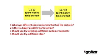 2 / 10
Spent money,
time or effort
10 / 10
Spent money,
time or effort
1 What was different about customers that had the problem?
2 Is there a bigger problem worth solving?
3 Should you try targeting a different customer segment?
4 Should you try a different idea?
 