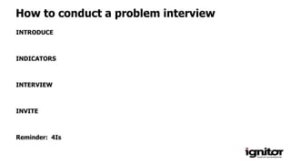How to conduct a problem interview
INTRODUCE
INDICATORS
INTERVIEW
INVITE
Reminder: 4Is
 