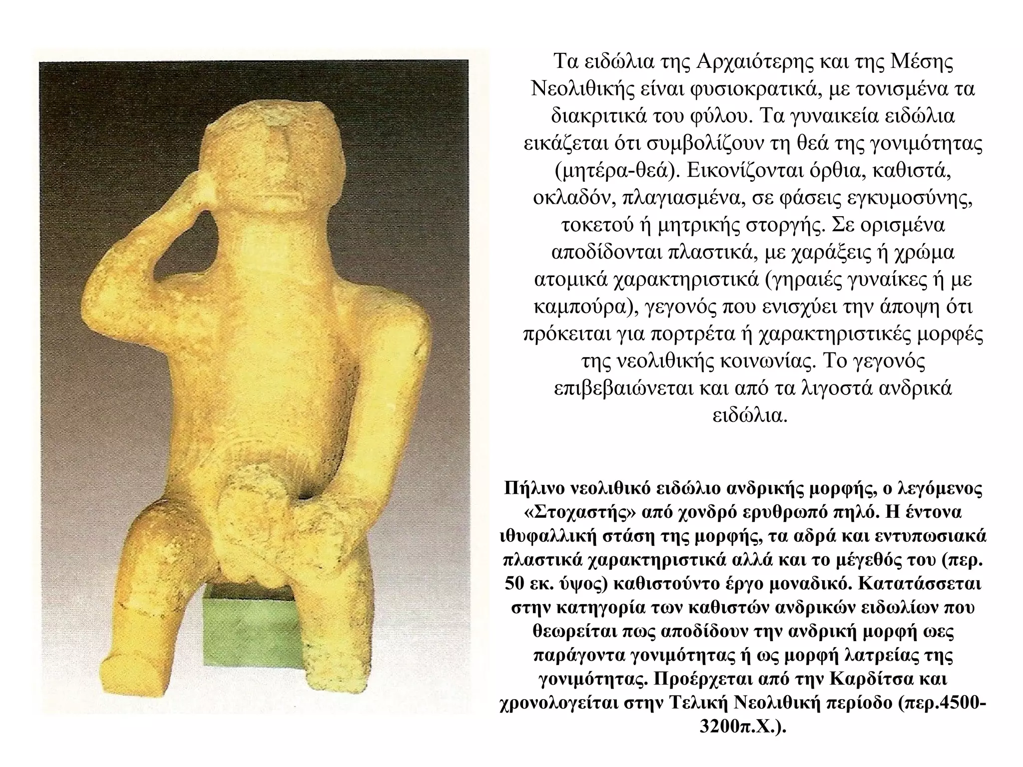 Πήλινο νεολιθικό ειδώλιο ανδρικής μορφής, ο λεγόμενος
«Στοχαστής» από χονδρό ερυθρωπό πηλό. Η έντονα
ιθυφαλλική στάση της μορφής, τα αδρά και εντυπωσιακά
πλαστικά χαρακτηριστικά αλλά και το μέγεθός του (περ.
50 εκ. ύψος) καθιστούντο έργο μοναδικό. Κατατάσσεται
στην κατηγορία των καθιστών ανδρικών ειδωλίων που
θεωρείται πως αποδίδουν την ανδρική μορφή ωες
παράγοντα γονιμότητας ή ως μορφή λατρείας της
γονιμότητας. Προέρχεται από την Καρδίτσα και
χρονολογείται στην Τελική Νεολιθική περίοδο (περ.4500-
3200π.Χ.).
Τα ειδώλια της Αρχαιότερης και της Μέσης
Νεολιθικής είναι φυσιοκρατικά, με τονισμένα τα
διακριτικά του φύλου. Tα γυναικεία ειδώλια
εικάζεται ότι συμβολίζουν τη θεά της γονιμότητας
(μητέρα-θεά). Εικονίζονται όρθια, καθιστά,
οκλαδόν, πλαγιασμένα, σε φάσεις εγκυμοσύνης,
τοκετού ή μητρικής στοργής. Σε ορισμένα
αποδίδονται πλαστικά, με χαράξεις ή χρώμα
ατομικά χαρακτηριστικά (γηραιές γυναίκες ή με
καμπούρα), γεγονός που ενισχύει την άποψη ότι
πρόκειται για πορτρέτα ή χαρακτηριστικές μορφές
της νεολιθικής κοινωνίας. Το γεγονός
επιβεβαιώνεται και από τα λιγοστά ανδρικά
ειδώλια.
 